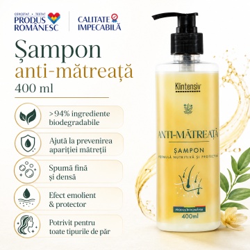 Șampon anti-mătreață Klintensiv, cu Piroctone Olamine și D-Panthenol, pentru scalp echilibrat și păr fără mătreață, peste 94% ingrediente biodegradabile, produs românesc, 400 ml, 4x Stickere - Img 2