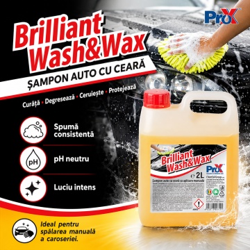 Șampon auto cu ceară PRO X Brilliant Wash&Wax, pH neutru, spumare consistentă, curățare, degresare, ceruire și protecție caroserie, luciu intens, 2 L, 4x Stickere - Img 2