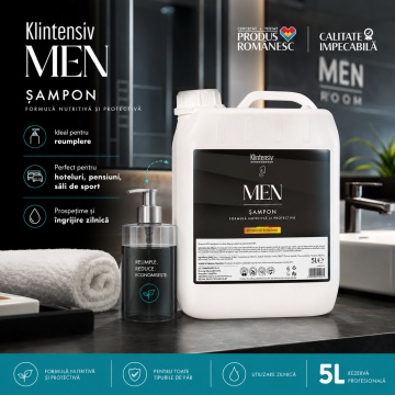 Șampon pentru bărbați Klintensiv, cu Zinc PCA și D-Pantenol, fortificare păr, scalp echilibrat, prospețime instantanee, fără parabeni, siliconi și alcool, pentru toate tipurile de păr, 5 L, 4x Stickere - Img 2