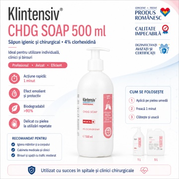 Săpun dezinfectant profesional Klintensiv CHDG Soap, clorhexidină digluconat 4%, pentru spitale, clinici, dispensere și reumplere dozatoare, canistră 5 L, 4x Stickere - Img 2