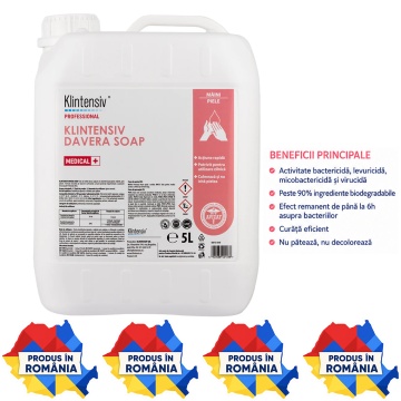 Săpun dezinfectant profesional Klintensiv Davera Soap, cu clorhexidină digluconat 2%, pentru spitale, industrie alimentară, farmaceutică, cosmetică și HoReCa, canistră 5 L, 4x Stickere