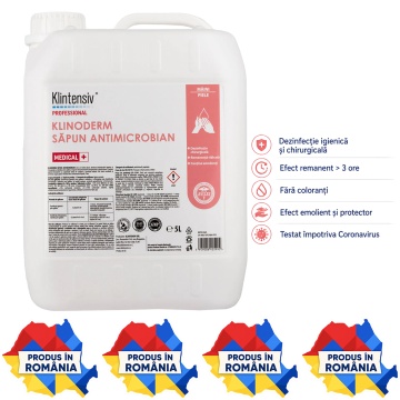 Săpun dezinfectant profesional Klintensiv Klinoderm, pentru spitale, clinici, industria alimentară, farmaceutică, cosmetică și reumplere dozatoare, bactericid, virucid, tuberculocid, canistră 5 L, 4x Stickere