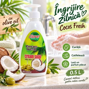Săpun Lichid Cremos Cloret Cocos Fresh cu Pompiță, pentru Mâini, cu Ulei de Măsline, Curățare Delicată și Parfum de Cocos, 500 ml - Img 2
