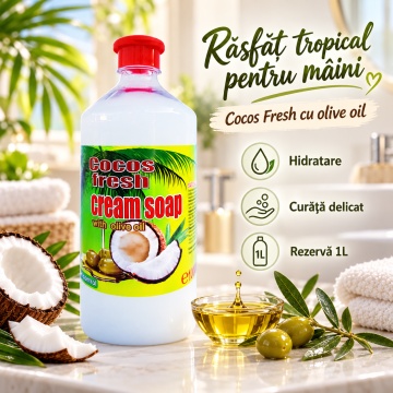Săpun Lichid Cremos Cloret Cocos Fresh, Rezervă pentru Mâini, cu Ulei de Măsline, Curățare Delicată și Parfum de Cocos, pentru Reumplere Recipiente, 1 L - Img 2