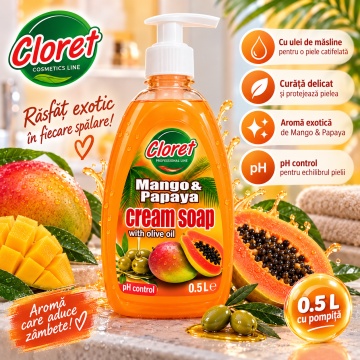 Săpun Lichid Cremos Cloret Mango Papaya cu Pompiță – 500 ml - Img 2