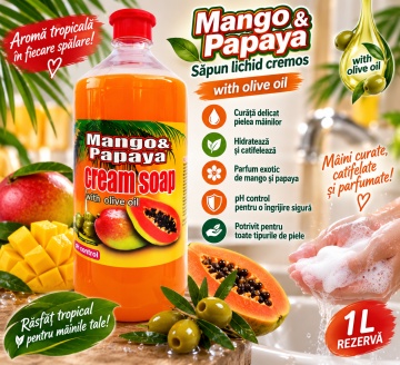 Săpun Lichid Cremos Cloret Mango Papaya, Rezervă pentru Mâini, cu Ulei de Măsline, Curățare Delicată și Parfum Fructat, pentru Reumplere Recipiente, 1 L