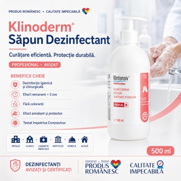 Săpun lichid dezinfectant profesional Klintensiv Klinoderm, pentru dezinfectarea igienică și chirurgicală a mâinilor, corpului și pielii intacte, aviz biocid, 1 L, 4x Stickere - Img 2