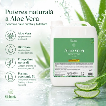 Săpun lichid Klintensiv, parfum Aloe Vera, formulă profesională pentru mâini și tegumente, peste 94% ingrediente biodegradabile, ideal pentru hoteluri, firme, birouri și spații publice, 5 L, 4x Stickere - Img 4