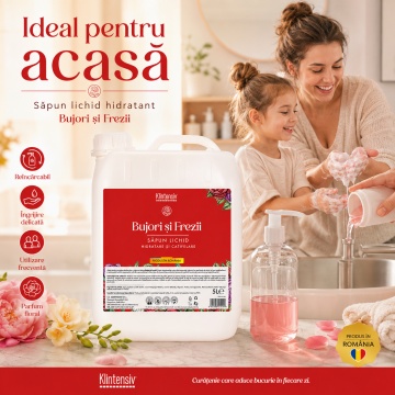 Săpun lichid Klintensiv, parfum Bujori si Freza, formulă profesională pentru mâini și tegumente, peste 94% ingrediente biodegradabile, ideal pentru hoteluri, firme, birouri și spații publice, 5 L, 4x Stickere - Img 4