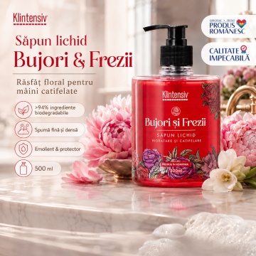 Săpun lichid Klintensiv, parfum Bujori si Freza, spumă fină, efect emolient și protectiv, peste 94% ingrediente biodegradabile, pentru mâini și tegumente, 500 ml, 4x Stickere - Img 2