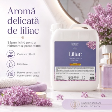 Săpun lichid Klintensiv, parfum Liliac, formulă profesională pentru mâini și tegumente, peste 94% ingrediente biodegradabile, ideal pentru hoteluri, firme, birouri și spații publice, 5 L, 4x Stickere - Img 4