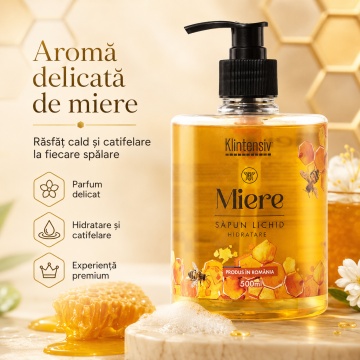 Săpun lichid Klintensiv, parfum Miere, spumă fină, efect emolient și protectiv, peste 94% ingrediente biodegradabile, pentru mâini și tegumente, 500 ml, 4x Stickere - Img 4