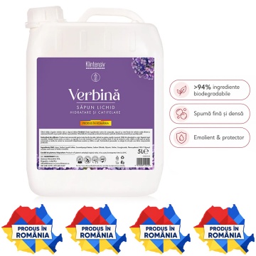 Săpun lichid Klintensiv, parfum Verbina, formulă profesională pentru mâini și tegumente, peste 94% ingrediente biodegradabile, ideal pentru hoteluri, firme, birouri și spații publice, 5 L, 4x Stickere