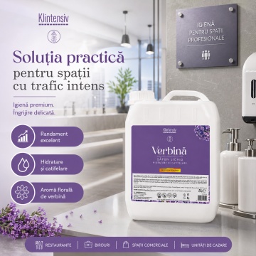 Săpun lichid Klintensiv, parfum Verbina, formulă profesională pentru mâini și tegumente, peste 94% ingrediente biodegradabile, ideal pentru hoteluri, firme, birouri și spații publice, 5 L, 4x Stickere - Img 4