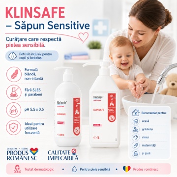 Săpun lichid Klintensiv Professional KlinSafe, pentru piele sensibilă, fără SLES și parabeni, testat dermatologic, pH 5,5, pentru mâini, corp și nou-născuți, 500 ml, 4x Stickere - Img 2