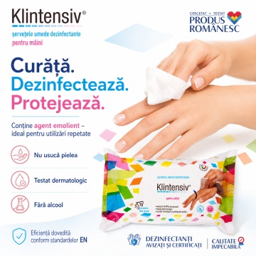 Șervețele dezinfectante mâini Klintensiv, pachet 70 buc, pentru igiena mâinilor și pielii, bactericide, levuricide, fără clătire, pentru birou, școli, restaurante și spații publice, aviz biocid, 4x Stickere - Img 4