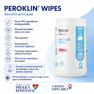 Servețele dezinfectante profesionale Peroklin Wipes Klintensiv, gata de utilizare, cu peroxid de hidrogen și săruri de amoniu cuaternar, pentru suprafețe, echipamente și instrumentar medical, tub 120 servetele, 4x Stickere - Img 4