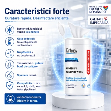 Șervețele dezinfectante suprafețe Klinopro Wipes, profesionale, bactericide, fungicide și virucide în 5 minute, pentru HoReCa, farmaceutic, alimentar și instituții publice, tub 120 buc, 4x Stickere - Img 4