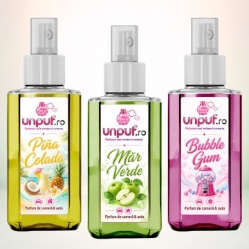 Set 3 Odorizante auto si casa Unpuf – Arome Bubble Gum Mar Verde Pina Colada, 3 x 75 ml