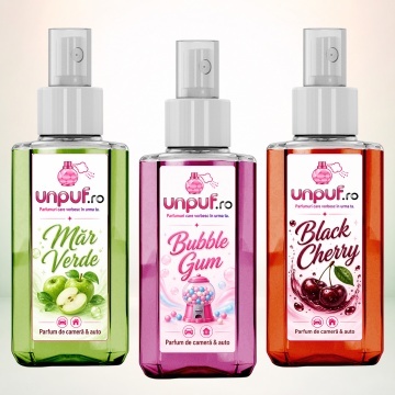 Set 3 Odorizante auto si casa Unpuf, Arome Black Cherry Bubble Gum Mar Verde, cu pulverizator, improspatare aer si parfum de durata, 3x75 ml