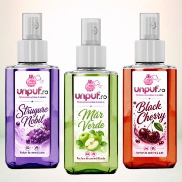 Set 3 Odorizante auto si casa Unpuf, Arome Black Cherry Mar Verde Strugure Nobil, cu pulverizator, improspatare aer si parfum de durata, 3x75 ml