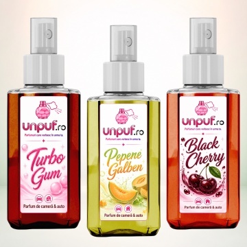 Set 3 Odorizante auto si casa Unpuf, Arome Black Cherry Pepene Galben Turbo Gum, cu pulverizator, improspatare aer si parfum de durata, 3x75 ml