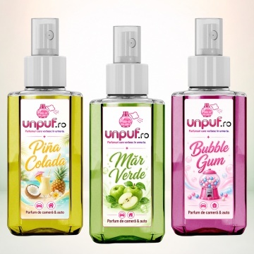 Set 3 Odorizante auto si casa Unpuf, Arome Bubble Gum Mar Verde Pina Colada, cu pulverizator, improspatare aer si parfum de durata, 3x75 ml
