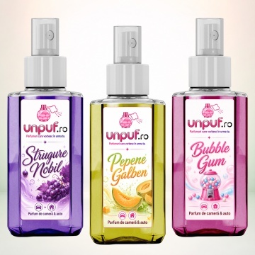 Set 3 Odorizante auto si casa Unpuf, Arome Bubble Gum Pepene Galben Strugure Nobil, cu pulverizator, improspatare aer si parfum de durata, 3x75 ml