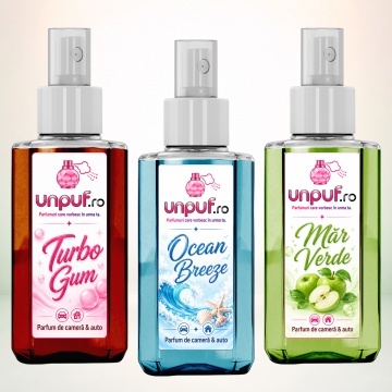 Set 3 Odorizante auto si casa Unpuf, Arome Mar Verde Ocean Breeze Turbo Gum, cu pulverizator, improspatare aer si parfum de durata, 3x75 ml
