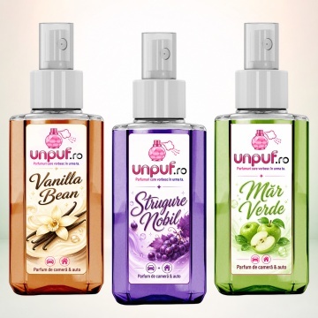 Set 3 Odorizante auto si casa Unpuf, Arome Mar Verde Strugure Nobil Vanilla Bean, cu pulverizator, improspatare aer si parfum de durata, 3x75 ml