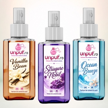 Set 3 Odorizante auto si casa Unpuf, Arome Ocean Breeze Strugure Nobil Vanilla Bean, cu pulverizator, improspatare aer si parfum de durata, 3x75 ml