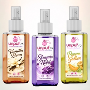 Set 3 Odorizante auto si casa Unpuf, Arome Pepene Galben Strugure Nobil Vanilla Bean, cu pulverizator, improspatare aer si parfum de durata, 3x75 ml