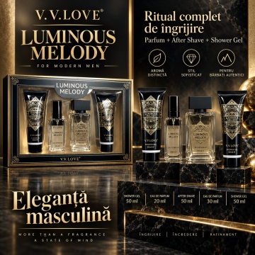 Set Cadou Bărbați V.V. Love Luminous Melody 4 Piese, 2 x Eau de Parfum 20 ml + 30 ml, After Shave 50 ml și Shower Gel 50 ml, 150 ml - Img 2