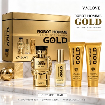 Set Cadou Bărbați V.V. Love Robot Homme Gold 4 Piese – Eau de Toilette 30 ml, Spray Parfumat 20 ml, After Shave Balm 50 ml și Shower Gel 50 ml, 150 ml