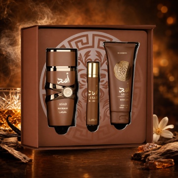 Set Cadou Lattafa Asad Bourbon 3 Piese, Eau de Parfum 100 ml + EDP 12 ml + Gel de Duș Parfumat 100 ml, Parfum Arabesc pentru Bărbați, Aromă Gourmand cu Vanilie Bourbon, Cacao, Lavandă, Ambră și Vetiver