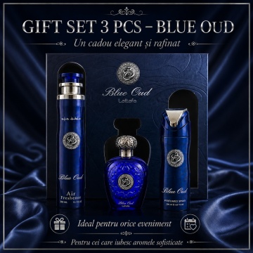 Set Cadou Lattafa Blue Oud 3 Piese, Eau de Parfum 100 ml + Spray Parfumat 200 ml + Odorizant Cameră 300 ml, Parfum Arabesc Unisex, Oud, Șofran, Mosc și Lemn de Santal - Img 2