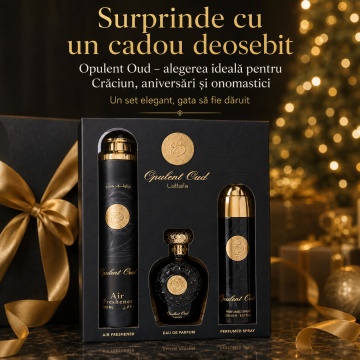 Set Cadou Lattafa Opulent Oud 3 Piese, Eau de Parfum 100 ml + Spray Parfumat 200 ml + Air Freshener 300 ml, Parfum Arabesc Unisex cu Oud, Ambră și Vanilie - Img 3