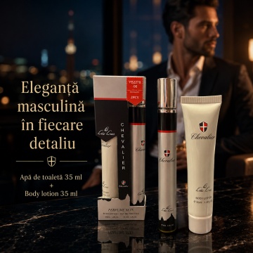 Set Chevalier 2x35 ml, Apă de Toaletă Bărbat 35 ml + Body Lotion 35 ml, Set Cadou Masculin, Aromă Elegantă, Proaspătă, Aromatică și Lemnoasă, Format Compact pentru Borsetă, Birou, Mașină și Călătorii - Img 5