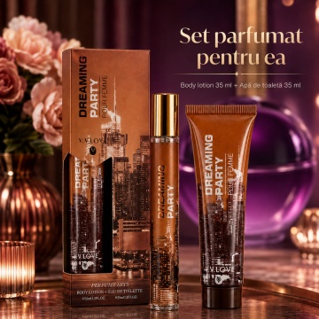 Set Dreaming Party Pour Femme 2x35 ml, Apă de Toaletă Damă 35 ml + Body Lotion 35 ml, Aromă Ambrată Fructată, Dulce, Balsamică și Cald Condimentată, Note de Mure, Ghimbir, Pomelo, Frezie, Orhidee, Iasomie, Iris, Tămâie, Paciuli, Smirnă, Ambră și Vetiver