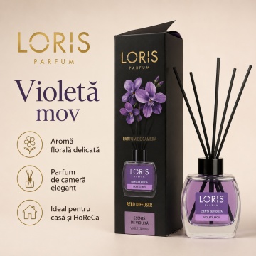 Set parfum odorizat de camera cu betisoare parfumate, miros placut persistent, LORIS PARFUM, esenta Violeta Mov, 120 ml