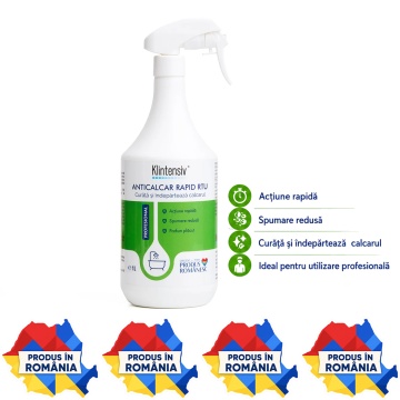 Soluție anticalcar Klintensiv Anticalcar Rapid RTU, gata de utilizare, pentru baie și bucătărie, curăță și îndepărtează calcarul, spumare redusă, parfum plăcut, 1 L, 4x Stickere