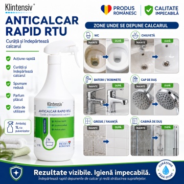 Soluție anticalcar Klintensiv Anticalcar Rapid RTU, gata de utilizare, pentru baie și bucătărie, curăță și îndepărtează calcarul, spumare redusă, parfum plăcut, 1 L, 4x Stickere - Img 2