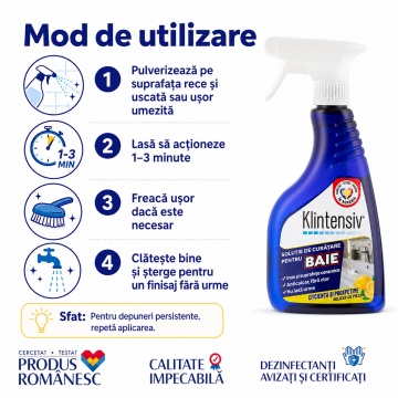 Soluție curățare baie Klintensiv, anticalcar, îndepărtează urme de apă și murdărie, protecție împotriva redepunerilor, pentru gresie, faianță, ceramică, cabine duș, baterii sanitare, 500 ml, 4x Stickere - Img 3