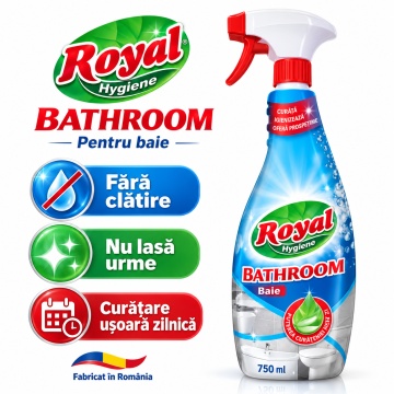 Solutie curatare baie Royal Hygiene Bathroom, Curățare Băie, Fără Clătire, Nu Lasă Urme, Curățare Ușoară Zilnică, Fabricat în România, 750 ml