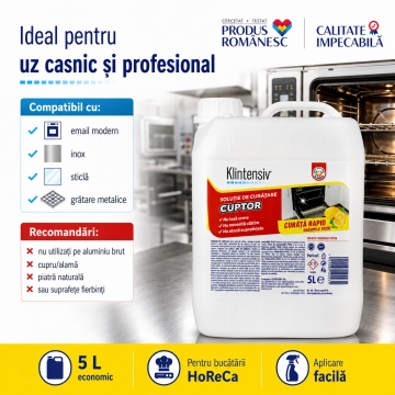 Soluție curățare cuptor Klintensiv, degresant profesional pentru grăsime arsă și depuneri carbonizate, pentru cuptoare, plite, tăvi, grătare și inox, 5 L, 4x Stickere - Img 6