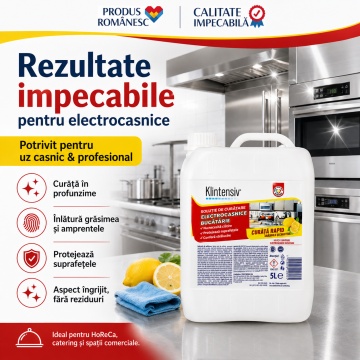 Soluție curățare electrocasnice Klintensiv, spray profesional pentru grăsime, pete și amprente, fără urme, pentru frigider, hotă, plită, cuptor, inox, crom, sticlă și plastic, 5 L, 4x Stickere - Img 6