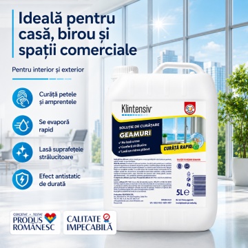 Soluție curățare geamuri Klintensiv, spray profesional pentru sticlă, oglinzi, vitrine și suprafețe lucioase, uscare rapidă, efect antistatic, fără urme, 5 L, 4x Stickere - Img 6