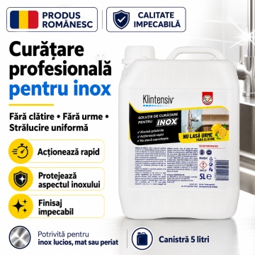 Soluție curățare inox Klintensiv, fără clătire, pentru inox lucios, mat și periat, îndepărtează grăsimea, murdăria și amprentele, finisaj fără urme, 5 L, 4x Stickere - Img 6