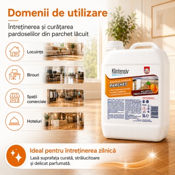 Soluție curățare parchet Klintensiv, detergent profesional concentrat pentru parchet lăcuit, protecție și strălucire naturală, fără clătire, diluție 1%, canistră, 5 L, 4x Stickere - Img 4