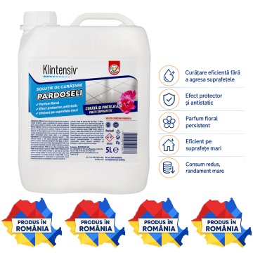 Soluție curățare pardoseli Klintensiv, detergent profesional concentrat, parfum persistent, fără clătire, pentru pardoseli lavabile, ceramică, piatră naturală, PVC și spații comerciale, 5 L, 4x Stickere